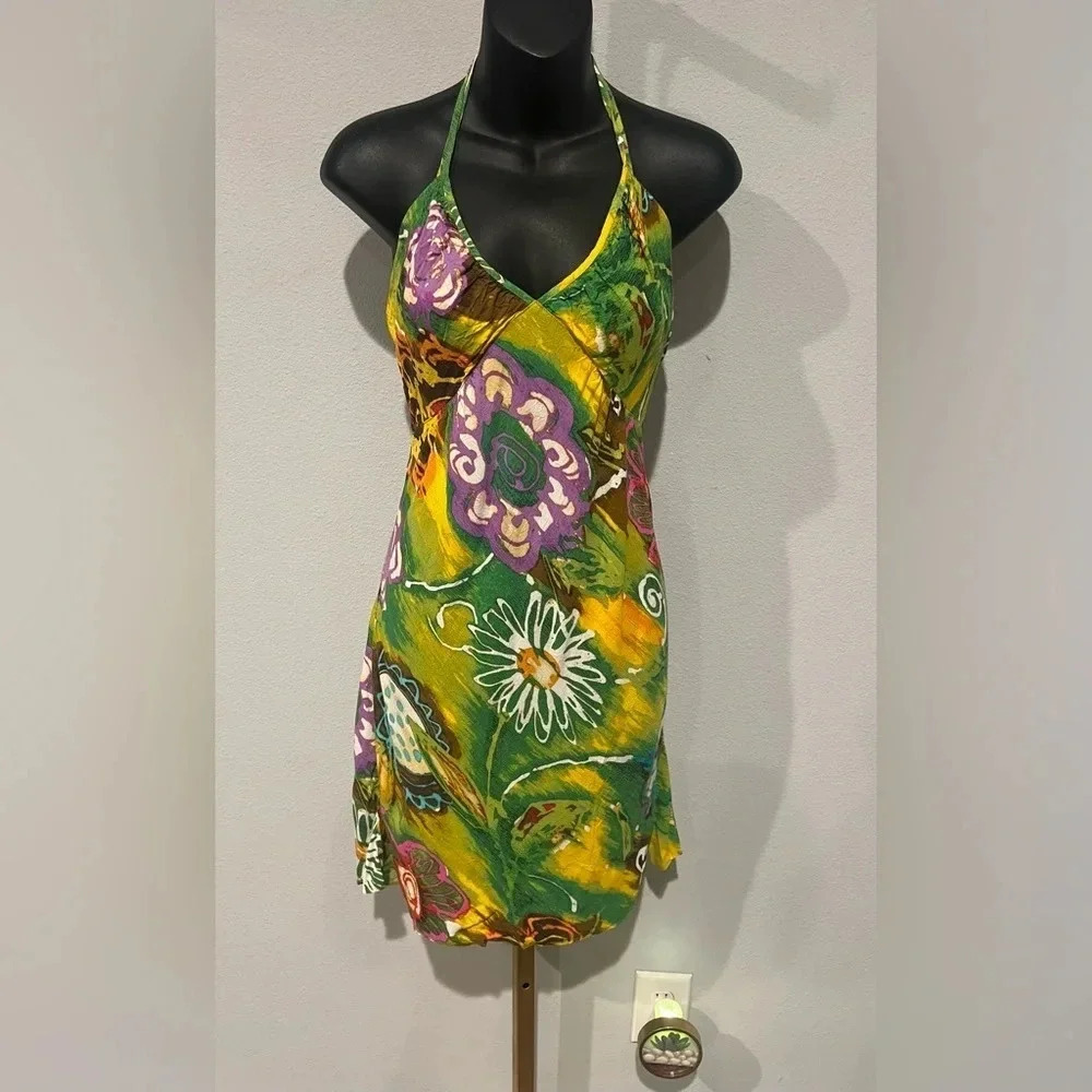 Jams World Womens Dress Extra Small‎ Green Floral Sundance Print Halter Hawaiian